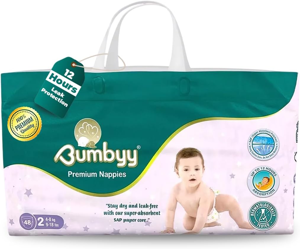 Bumbyy Leak-Proof Baby Nappies Size 2 - Ultra-Absorbent Soft & Thin Newborn Nappies for Sensitive Skin, 48 Baby Diapers, Hypoallergenic & Dermatologically Tested 12 hr Dry Nappy (4-8/kg/9-18lbs)
