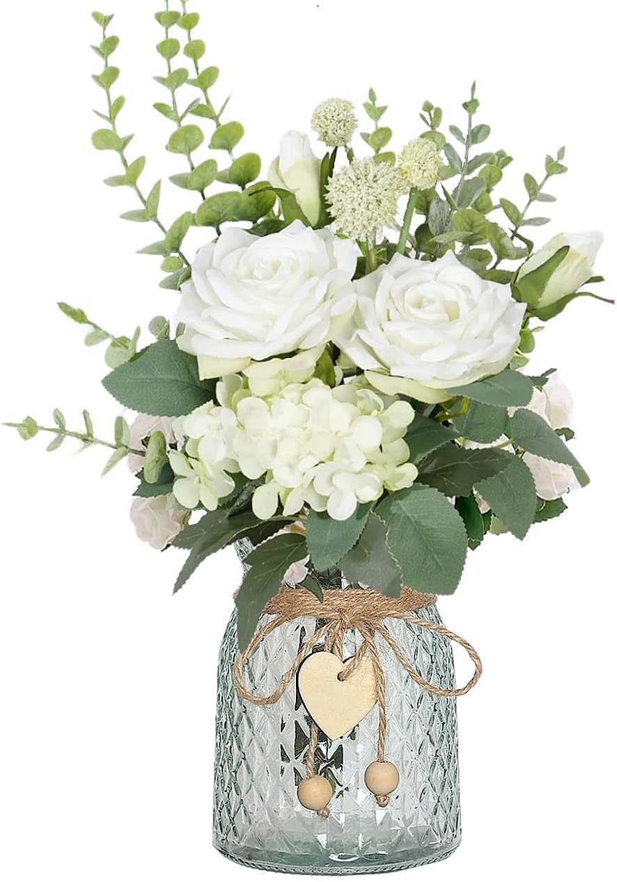 YELIKIT Artificial Fake Flowers Plant with Vase, Faux Silk Roses Floral Hydrangea Bouquet in Vase, Table Centerpiece Decorations Wedding Bouquets for Party Office Farmhouse Kitchen Home Decor, White
