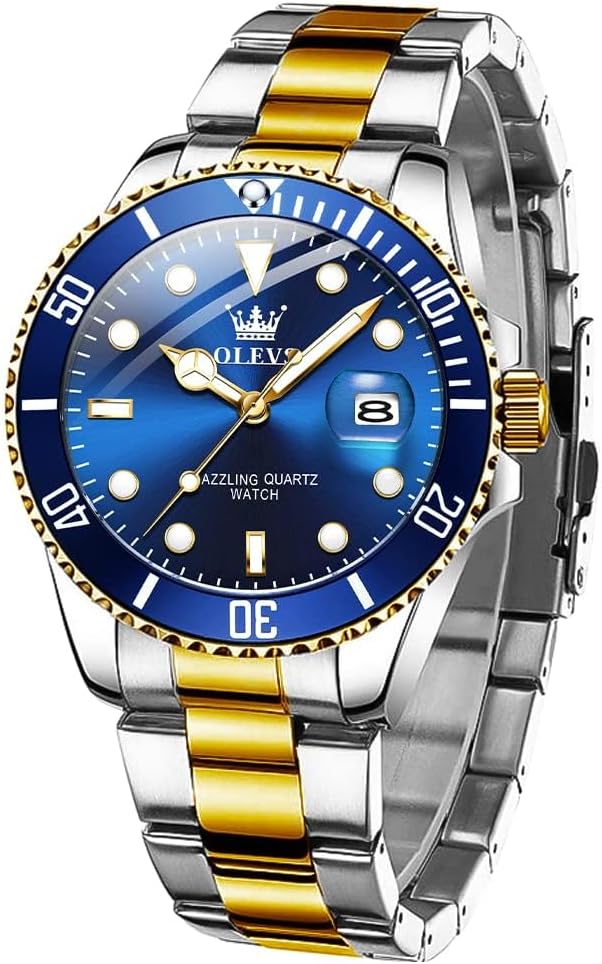 OLEVS Men's Watch, Big Face Stainless Steel Analog Quartz Dress Watch, Luxury Gold Silver Tone Date Display Waterproof Luminous Wrist Watch for Men