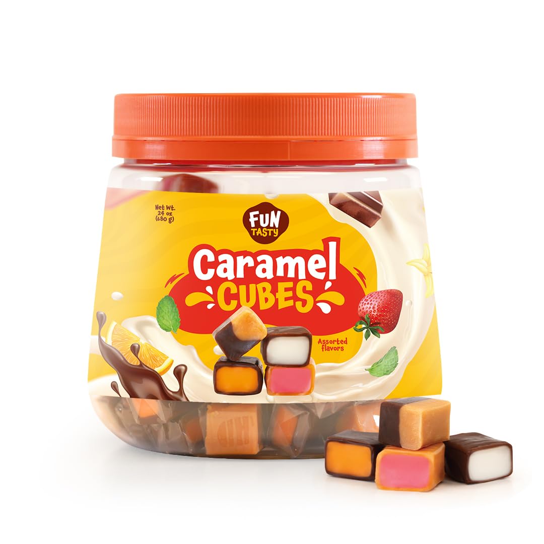 Funtasty Caramel Cubes Candy - 24 Ounce Jar (Over 100 Count) - Assorted Flavors - Individually Wrapped