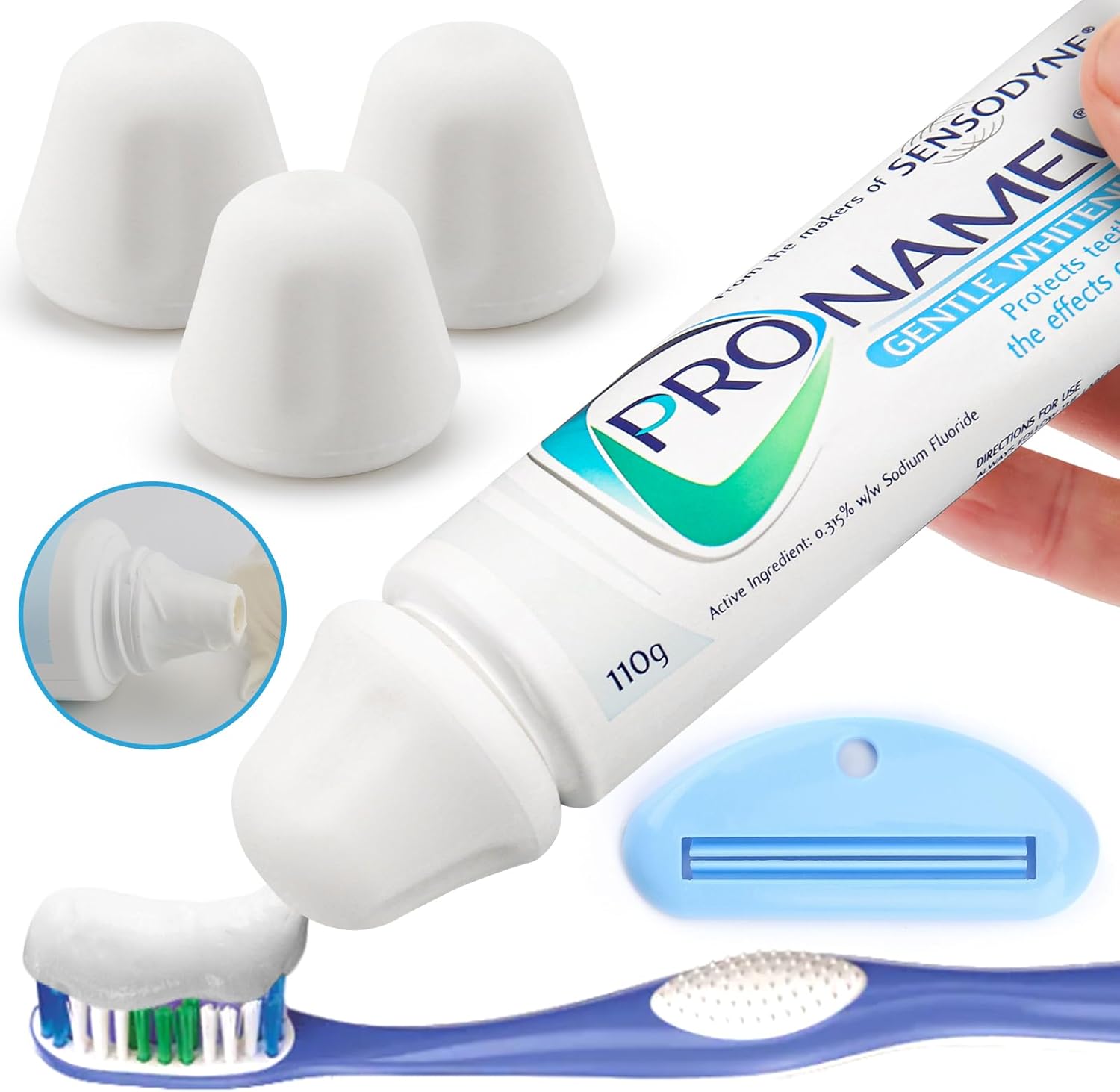 Self-Closing XXL Toothpaste Caps 3-Pack White, Sensodyne Pronamel Compatible by Tilcare - No Waste Cap Dispensers for Easy Use - Mess-Free Toothpaste Lids - Food Grade Silicone & BPA-Free Toppers