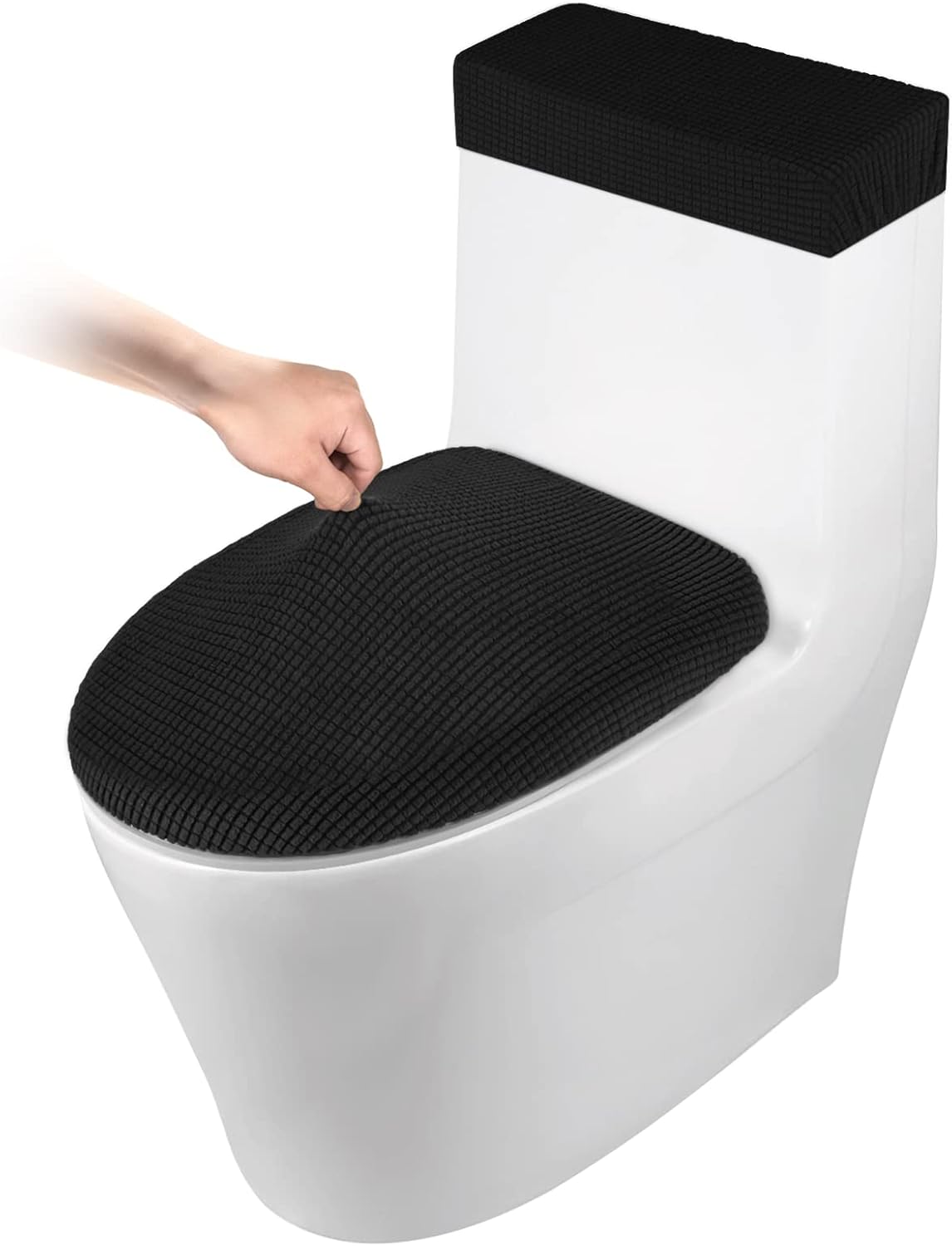 Toilet Lid Cover and Toilet Tank Cover Stretch Toilet Covers Set for Bathroom, Polyester Spandex Jacquard Fabric, Machine Washable, with Elastic Bottom, Black