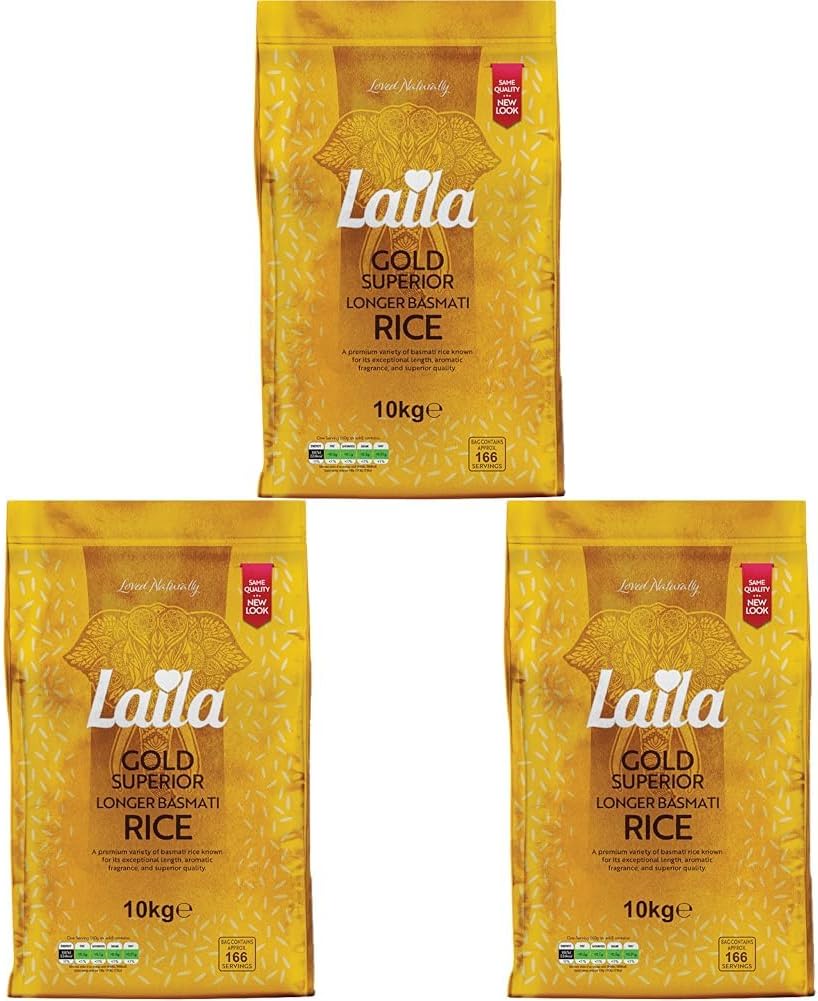 Laila Longer Basmati Rice 10Kg, Fluffy and Aromatic Rice Basmati Style, Rice With Long Grain, Gluten Free Rice for Curry, Biryani or Pilaf, 10Kg Basmati Rice (Pack of 3)