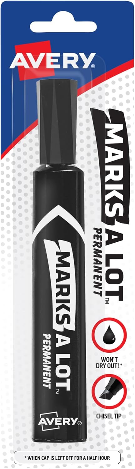 Marks-A-Lot Avery Permanent Marker, Regular Desk-Style Size, Chisel Tip, Water and Wear Resistant, 1 Black Marker (17888)