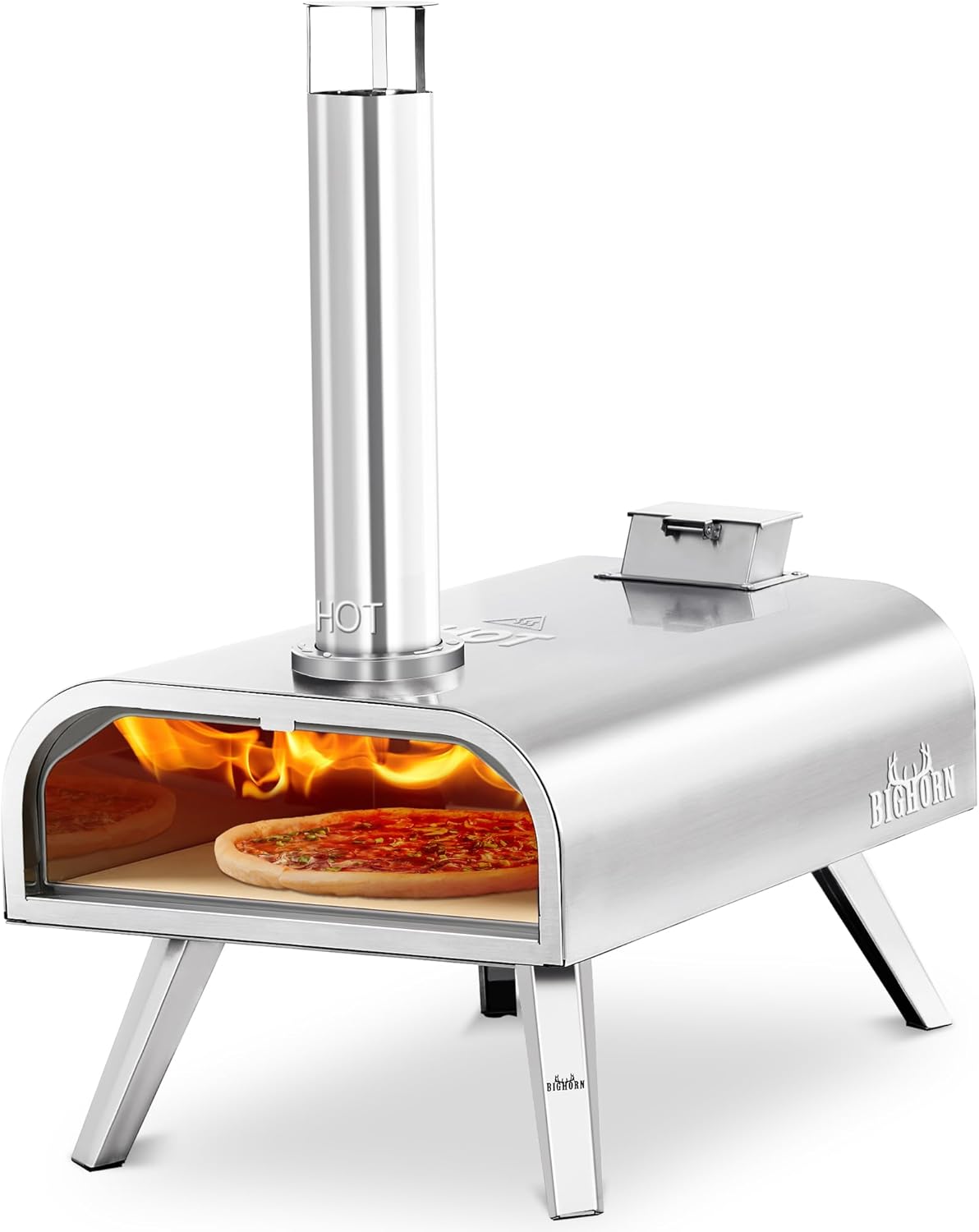 BIG HORN OUTDOORS 16" Woodfire Pizza Stone Oven, 1112°F Outdoor Stainless Pizza Cooker, Portable for Party Usage, Sliver