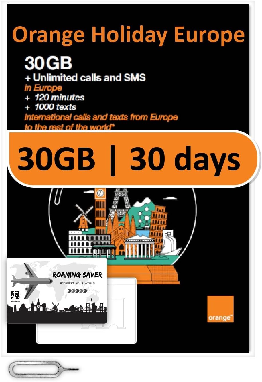 Orange Holiday Europe Prepaid Sim 30GB Internet Data | 30 Days-Use | Data tethering Allowed | 120min & 1000 SMS from Europe to Any Country Worldwide+1 Sim Card Holder+1 Pin