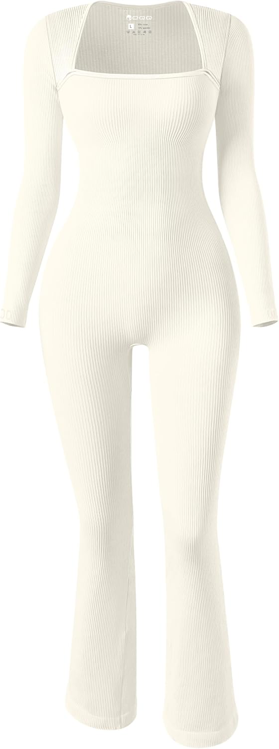 OQQ Long Sleeve Jumpsuits for Women Ribbed Long Sleeve Yoga Bell Bottoms Flare Jumpsuits