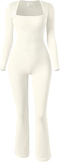 OQQ Long Sleeve Jumpsuits for Women Ribbed Long Sleeve Yoga Bell Bottoms Flare Jumpsuits