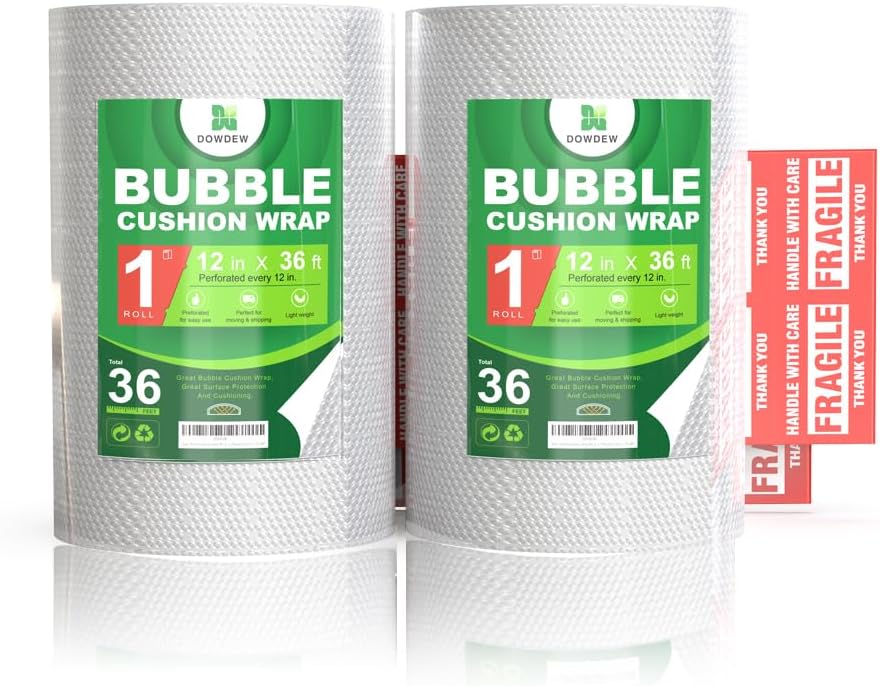[72 Total Feet] Perforated Bubble Wrap Roll [2 Pack - 12inch x 36ft Rolls] Cushioning Packing Wrap for Moving Shipping Packaging with 10 Fragile Stickers, Clear