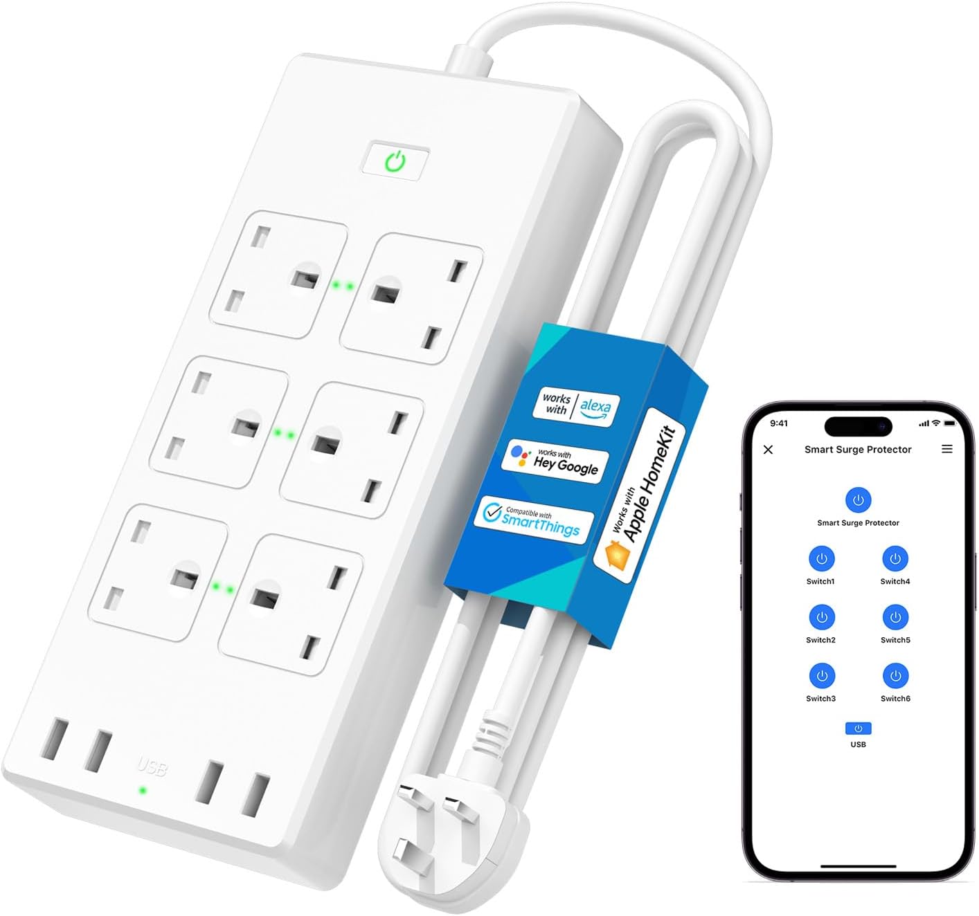 Meross Smart Power Strip, 6 Outlets + 4 USB Ports Smart Extension Lead, Compatible with Apple HomeKit, SmartThings, Amazon Alexa, Google Home, Voice/Remote Control, 6ft Long Crod, 2.4GHz, 3250W