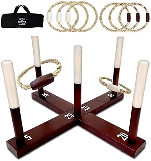 SWOOC Games - Rustic Ring Toss Game (All Weather) - Easy Setup & Extra Games Included - Ring Toss Game for Adults - Outdoor Games for Kids - Yard Games for Adults - Ring Hook Game - Game Room Games