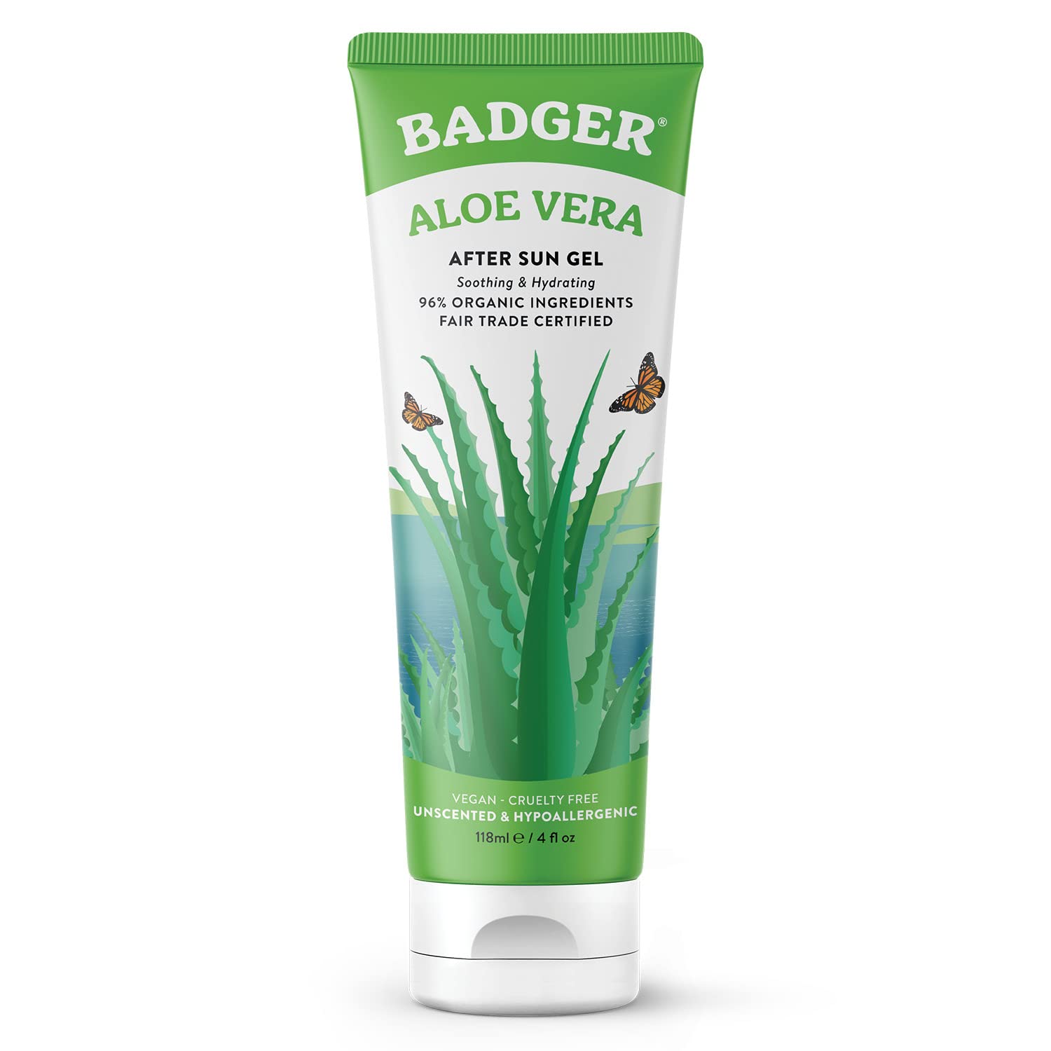 Badger Organic Aloe Vera Gel for Face & Body, 96% Pure Unscented Organic Aloe Gel for Cooling, Soothing, Non-Sticky Sunburn Relief, Vegan, Fair Trade & Hypoallergenic, 4 fl oz
