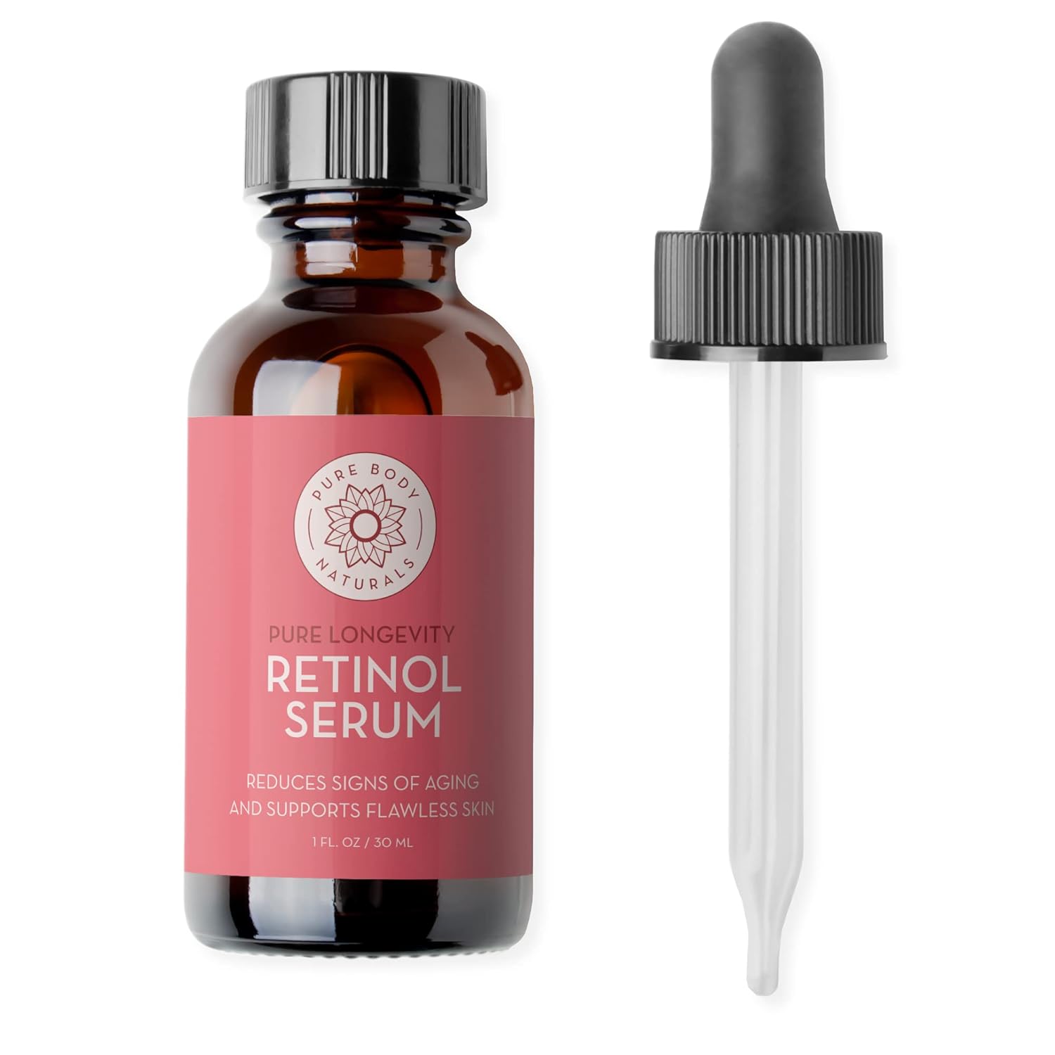 Pure Body Naturals Retinol Face Serum - Retinol Serum with Witch Hazel, Myrtle Oil, and Ginseng - Age-Defying Wrinkle Cream and Dark Spot Corrector for Eye, Skin, and Face Wrinkles - 1 Fl Oz