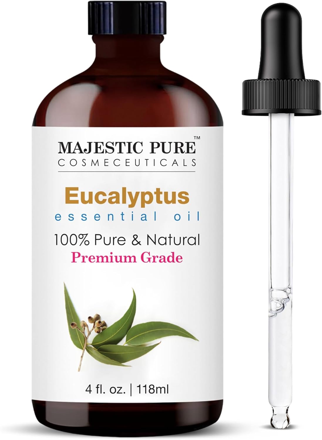 Majestic Pure Essential Oil with Glass Dropper - 100% Pure and Natural - Essential Oils for Diffuser, Aromatherapy, Soap and Candle Making, Eucalyptus Essential Oil, Eucalyptus Oil, 4 Fl Oz