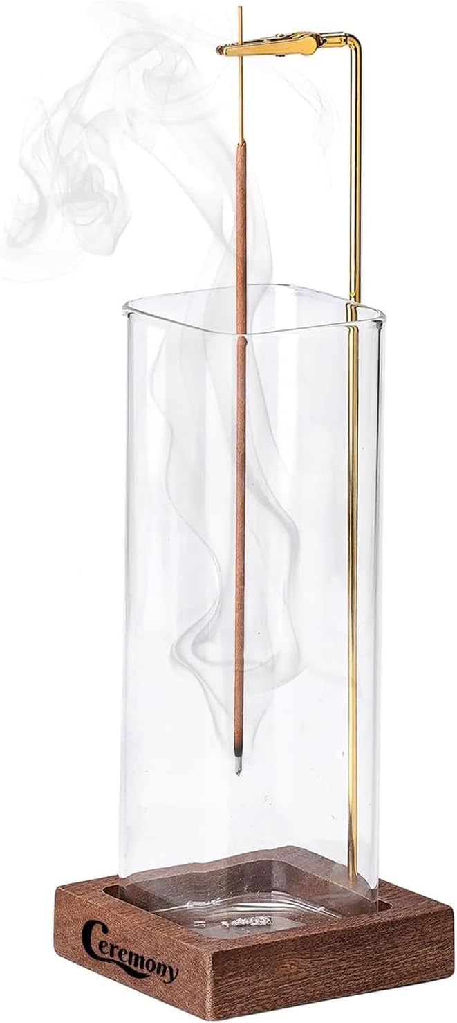 CEREMONY Incense Holder，Wood Incense Holder for Sticks with Glass Ash Catcher，Incense Burner for Meditation Yoga Spa Room Decor