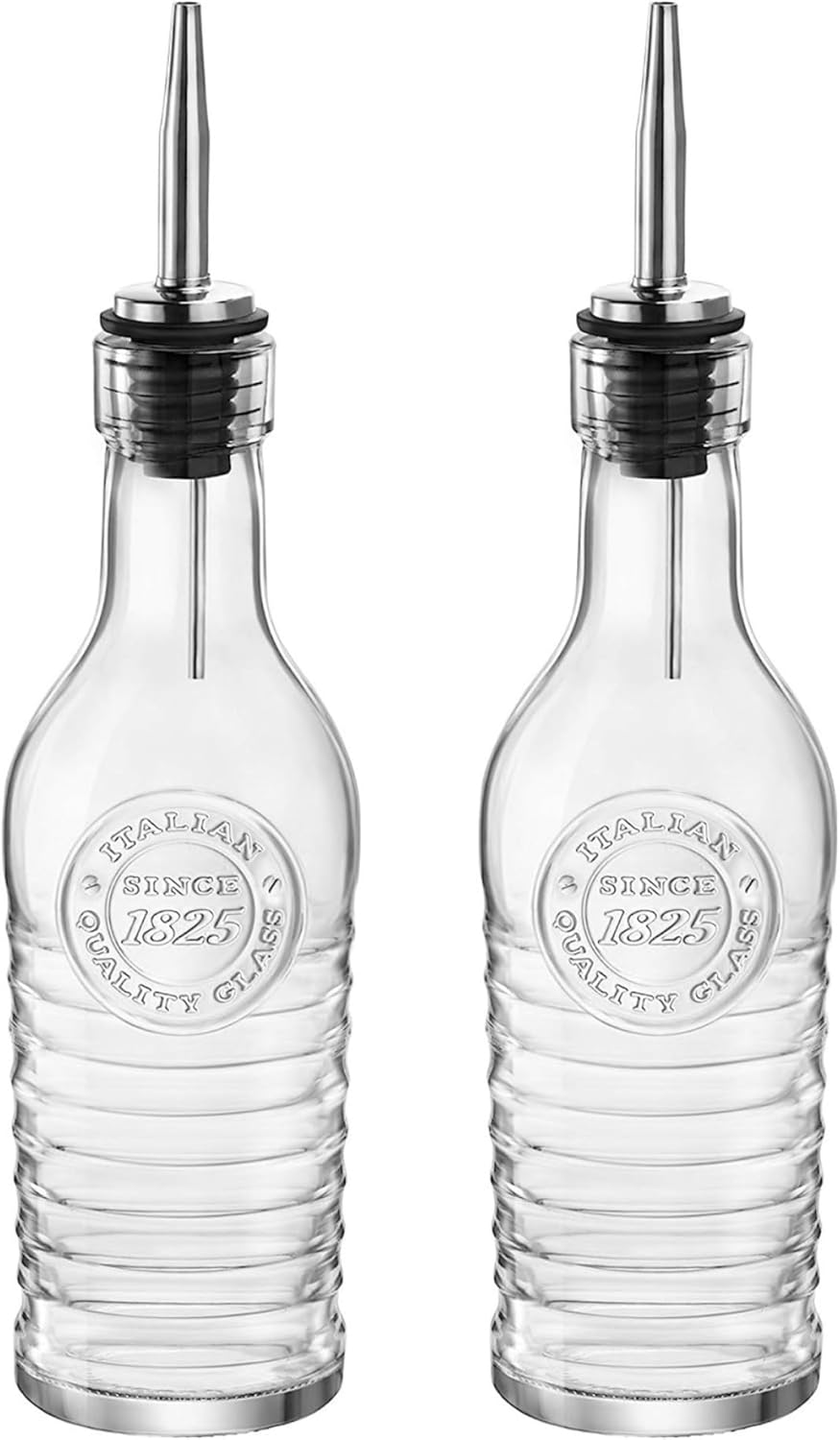 BORMIOLI ROCCO Officina 1825 Olive Oil/Vinegar Glass Bottles Stainless Steel Pouring Spout 268 ml (Pack of 2)