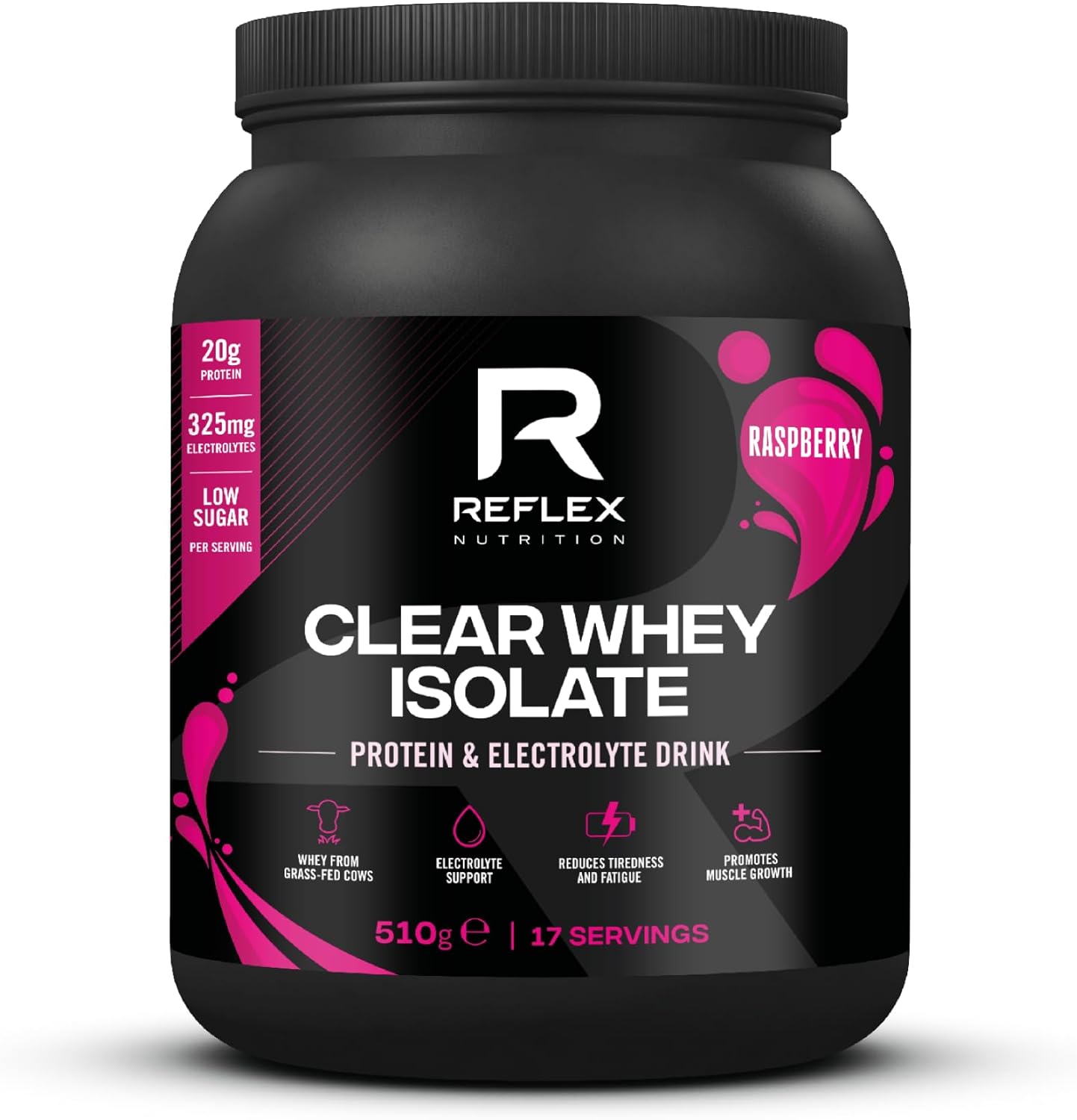 Reflex Nutrition Clear Whey Isolate Protein Powder - 20g of Protein, Low Sugar, Low Fat - Muscle Growth & Hydration - Light and Refreshing - Fruit Juice Style Flavours (Raspberry, 510g, 17 Servings)