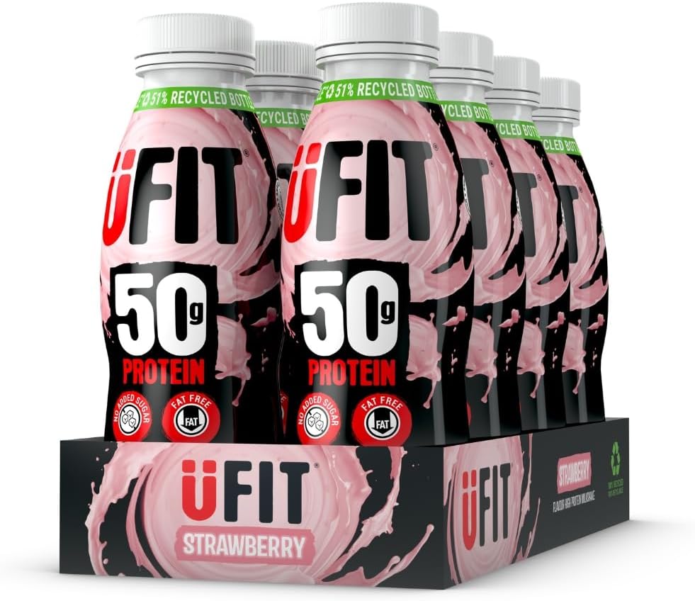 UFIT High 50g Protein Shake - Strawberry Flavour - No Added Sugar - Low in Fat - Ready to Drink - Pack of 8 x 500 ml (Packaging May Vary)