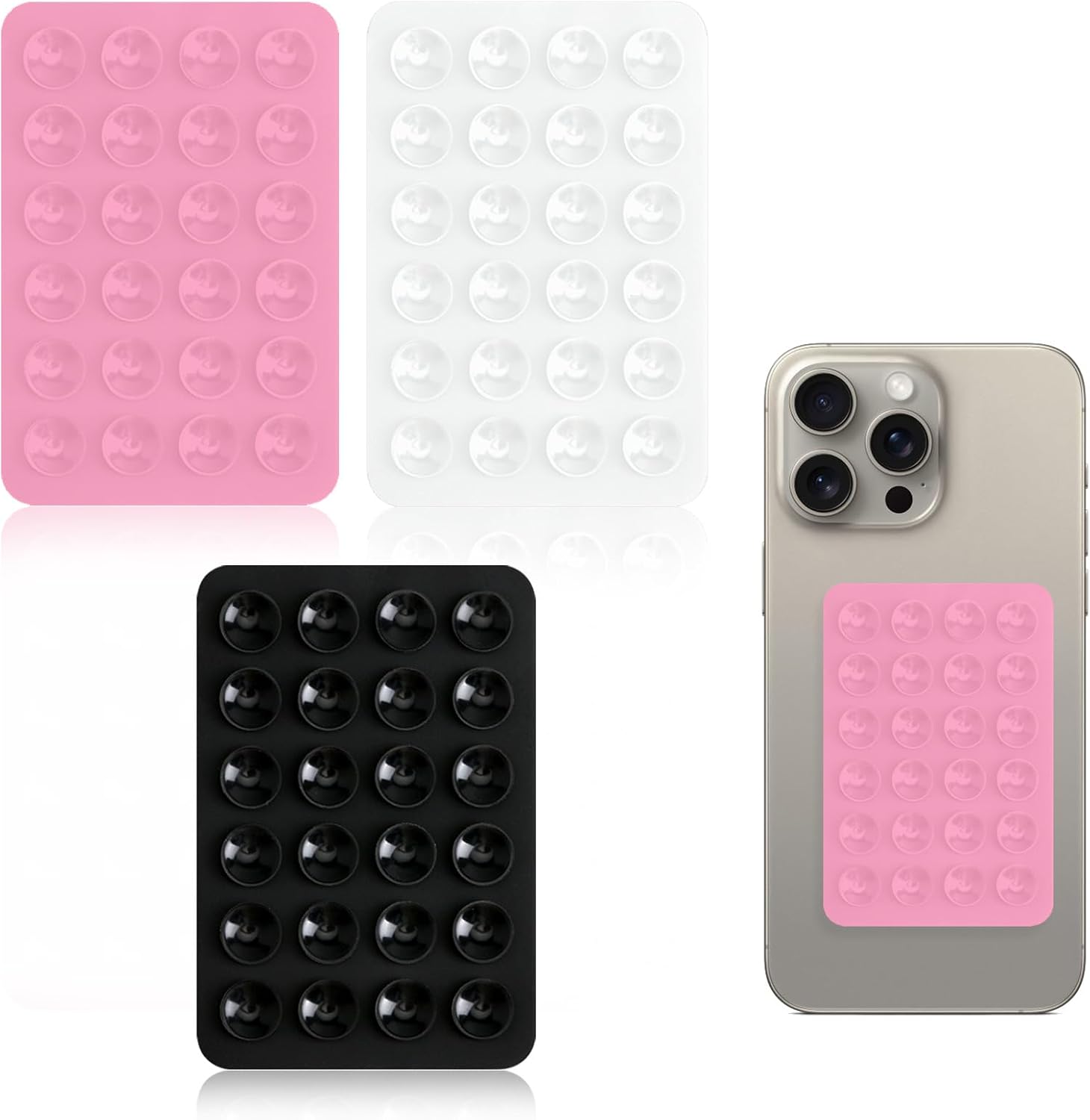 3pcs Silicone Suction Phone Holder,Multipurpose Sticky Grip Mount,Portable Suction Phone Pad, Mobilephone Case Sticky Grips for Wall,Car Dashboard,Mirror,Shower,for All Smartphones(White Black Pink)