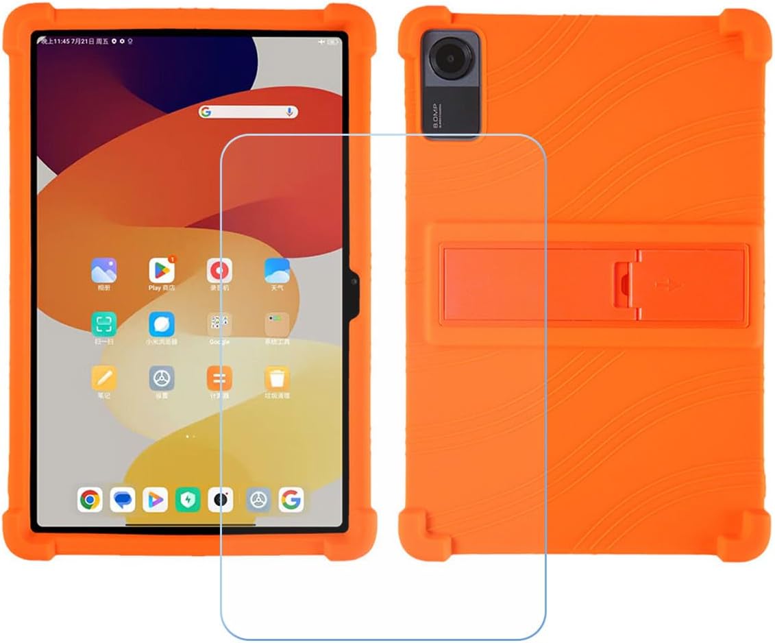TPU Cover for Honor Pad X7 2025 + HD Tempered Glass, Silicone Shell Bumper Protective Back Case - 9 Hardness Anti-Scratch Screen Protector (8,7") - Orange