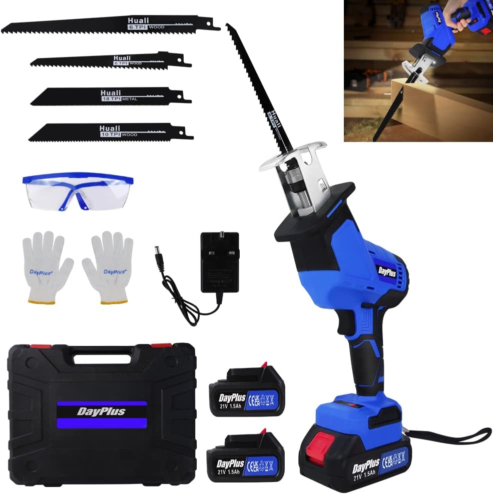 21V Cordless Powered Reciprocating Saw Brushless Reciprocating Saw 15mm Stroke Electric Garden Saw with1.5Ah Batteries,4 Saw Blades,1 Kit Box,0-1900RPM Variable Speed for Metal Wood PVC Pipe Cutting