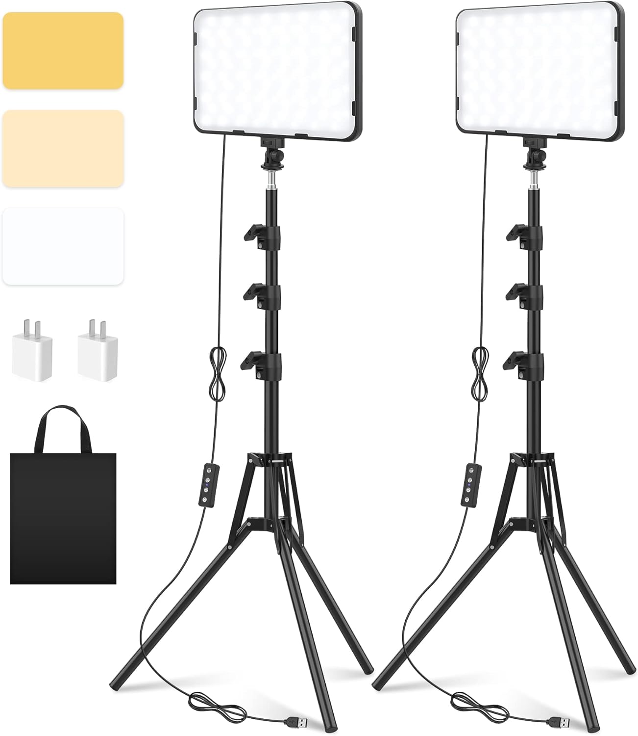 2 Pack LED Video Photography Lighting Kit with 62.99'' Tripod Stand, Unicucp 2500-8500K Dimmable Studio Streaming Light for Video Recording Filming, Live Game YouTube, Portrait Shooting, USB Charger