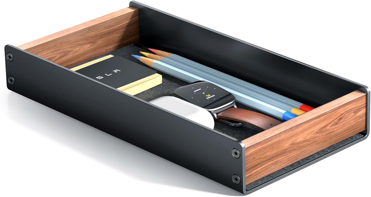 UPERGO Walnut & Aluminum Desk Drawer Organizer, Valet Tray Catchall for Men