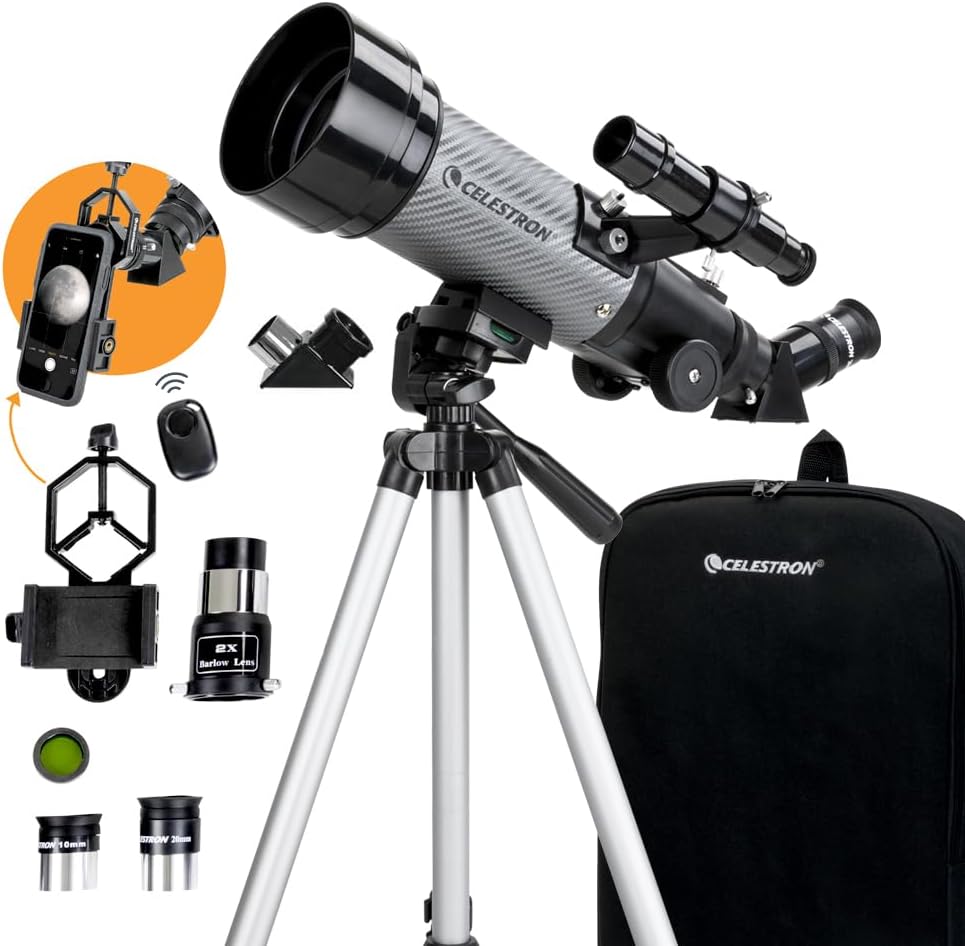 Celestron 22035 Travel Scope DX 70mm Portable Refractor Telescope with Fully-Coated Glass Optics, Backpack, Astronomy Software Package, and Digiscoping Smartphone Adapter