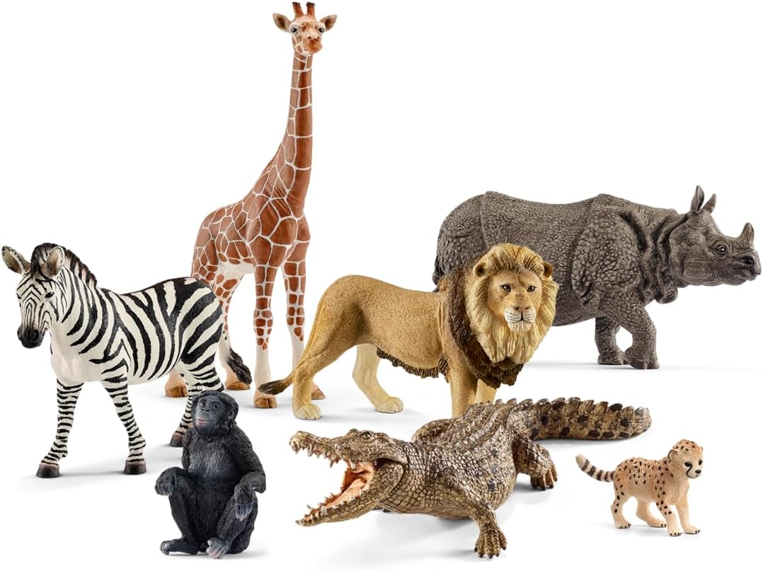 Schleich Wild Life - 7 PC Safari Animals Figurines Set with Lion, Giraffe, Zebra, Monkey, Rhino, Cheetah Cub Toys - Realistic Animal Figures Playset for Boys and Girls Ages 3+ - 77587