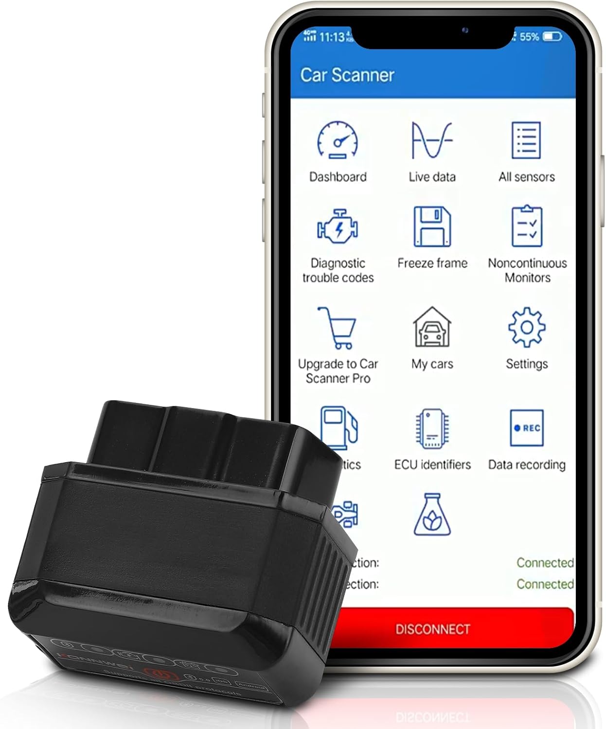 OBD2 Bluetooth Diagnostic Tool, Car Engine Fault Code Reader & Check Engine Light Reset, Compatible with Android&iOS, Real-Time Vehicle Diagnostics, Fault Code Clearing (Black)