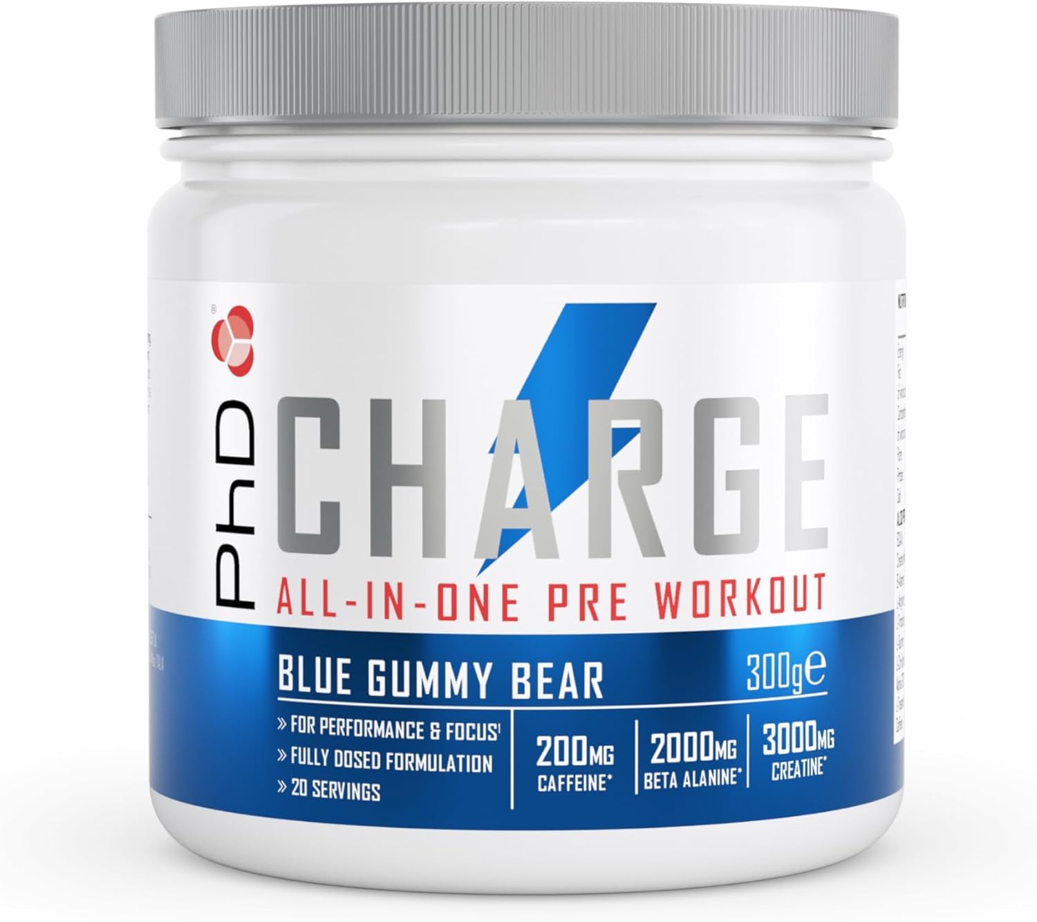PhD Charge, All in One Pre Workout Powder with Creatine for Women and Men, Rich in Beta Alanine, High Caffeine for pre-Workout, Blue Gummy Bear Flavour, 20 Servings Per 300g Bottle