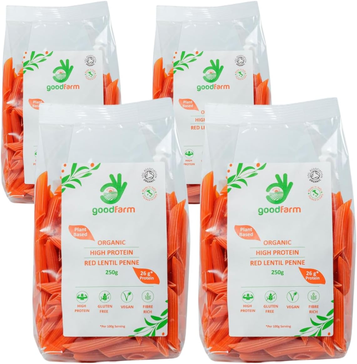 goodFarm Organic Red Lentil Penne Pasta 1 kg (250g x 4) - High Protein & Fibre, Gluten-free, Vegan, Low calorie
