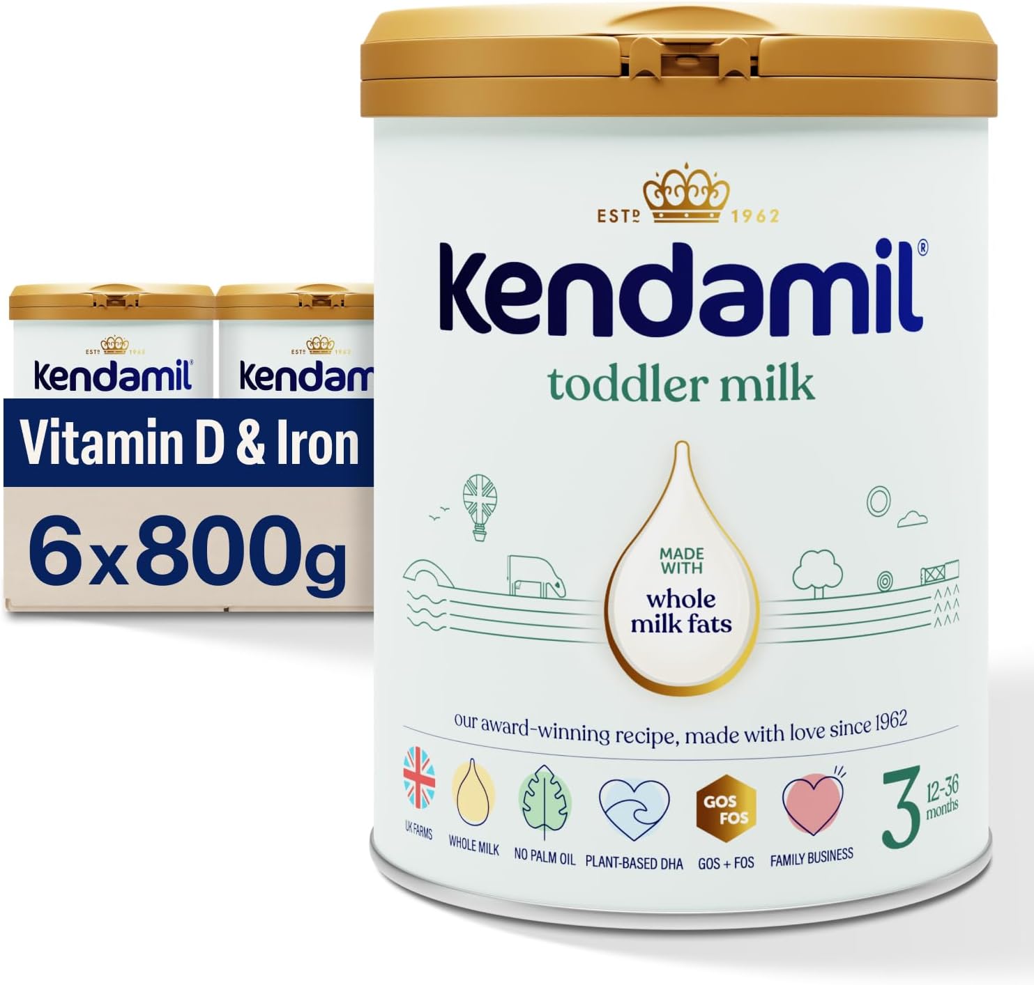 (6x800g) Kendamil Toddler Milk, Stage 3, 6-Pack – British Made, Whole Milk Formula, 12-36 Months – Vegetarian, No Palm Oil, No GMOs –with Omega 3 DHA, Omega 6 ARA and Prebiotics