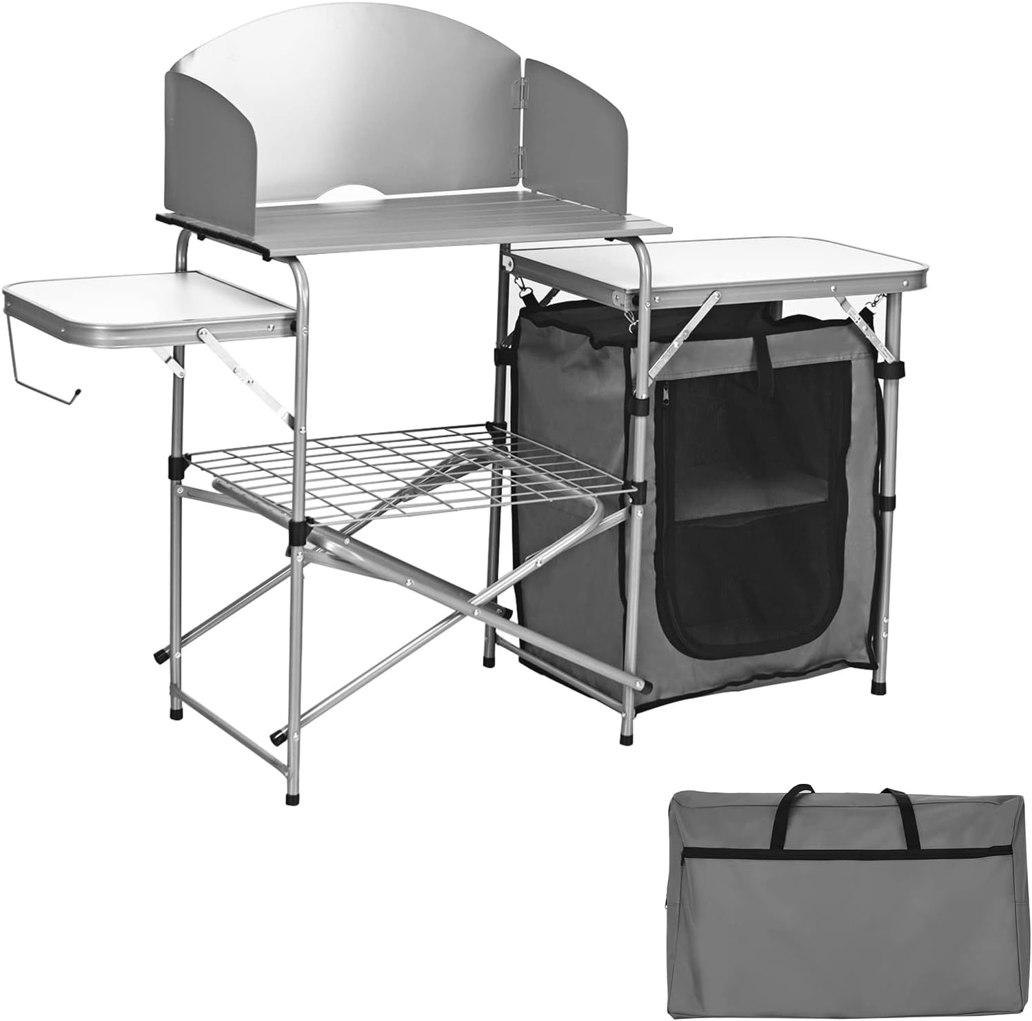 SPOTRAVEL Folding Camping Table, Portable Aluminum Grill Table Storage Cupboard with 2 Side Tabletops, Windshield & Carrying Bag, Outdoor Kitchen Work Table for BBQ Picnic Party