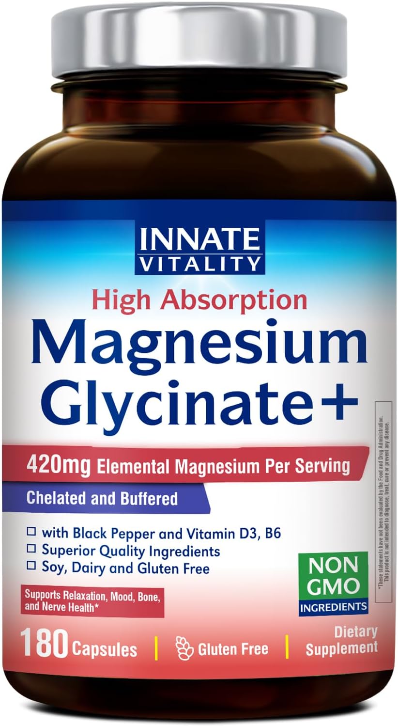 Innate Vitality Magnesium Glycinate Complex, 420mg Elemental Magnesium Per Serving, Enhanced Absorption, Black Pepper, Vitamin D3 & B6, Sleep Mood Bone Nerve Support, 180 Caps