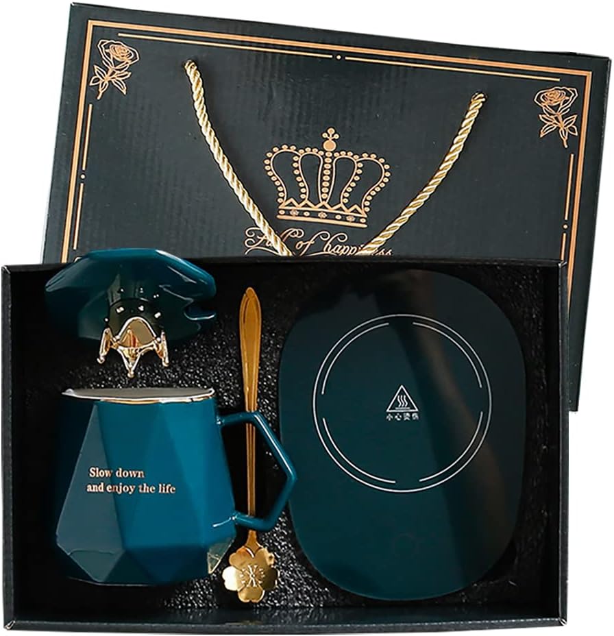 Coffee Warmer for Desk, with Mug Set - Electric Beverage Warmer for Tea, Cocoa, Milk for Father's Day, Mr and Mrs Wedding Gift, Engagement (Green)