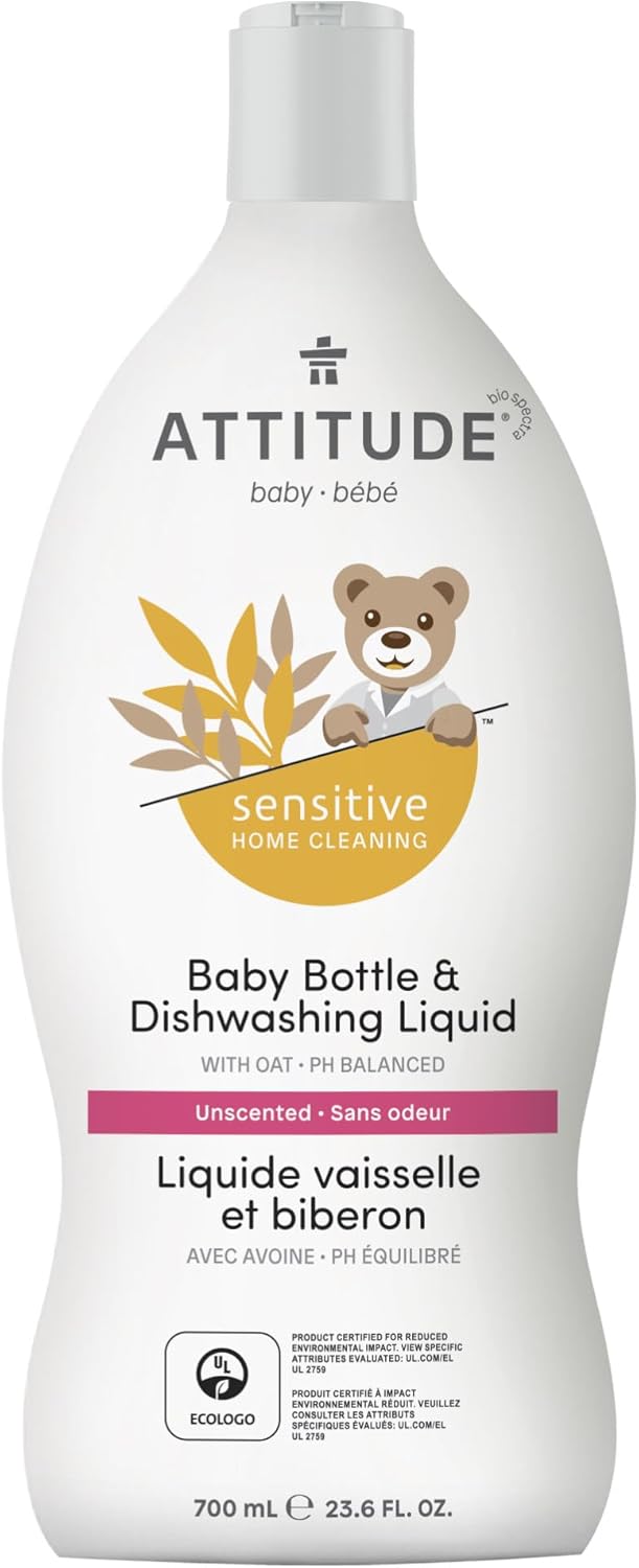 ATTITUDE Baby Washing-Up Liquid for Sensitive Skin, Plant and Mineral-Based Ingredients, Vegan Household Products, Unscented, 700 mL