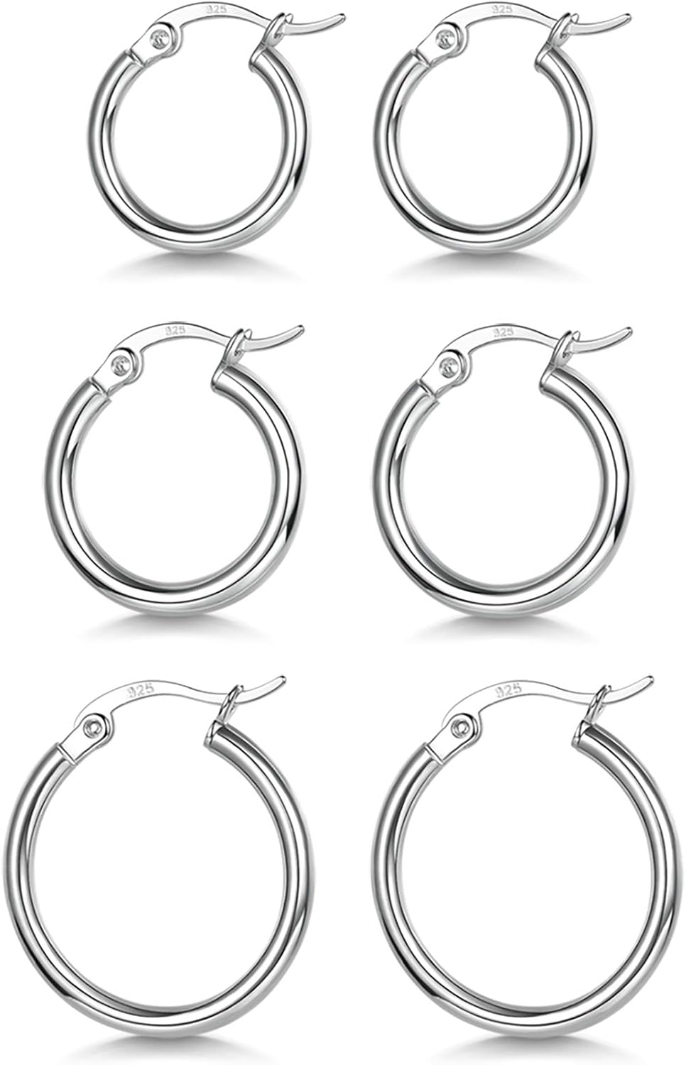 3 Pairs 925 Sterling Silver Hoop Earrings | Small White Gold Plated Hoop Earrings for Women (13mm,15mm,20mm，25mm,30mm,40mm,50mm,60mm)
