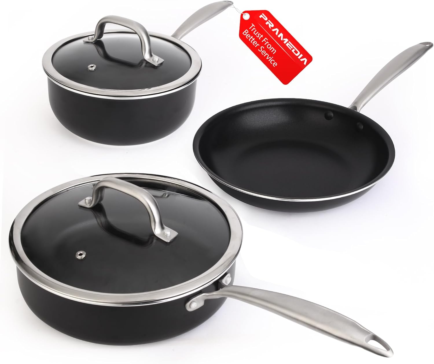 Induction Pots and Pans Set, 5 Pcs Non Stick Cookware Set with Stainless Steel Handle, Non Toxic Kitchen Cookware Sets For Oven & Dishwasher Safe,100% PFOA Free, Black