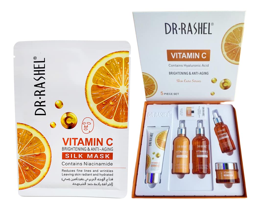 Vitamin C Skin Care Series , Contains Hyaluronic Acid, Anti Aging and Collagen Essence ( Pack Of 5 Piece Set ) + 1 Pcs of Vitamin C Silk Mask