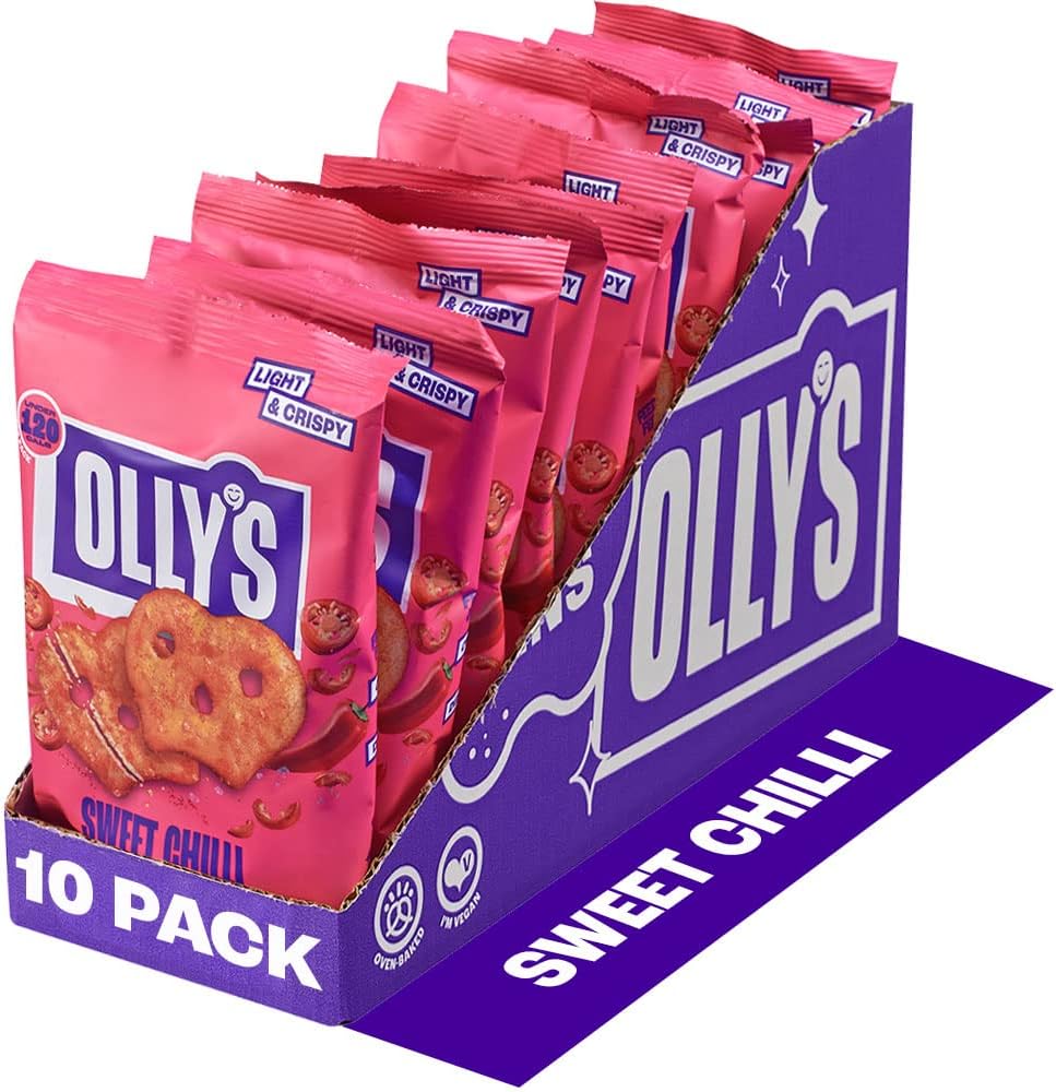 Olly's Pretzel Thins, Sweet Chilli, 35g (Pack of 10), Handy Snack Pouches, Healthy Plant-Based Vegan Snacks for Dipping, Low Calorie Snacks, Low Fat, Source of Fibre, No Preservatives