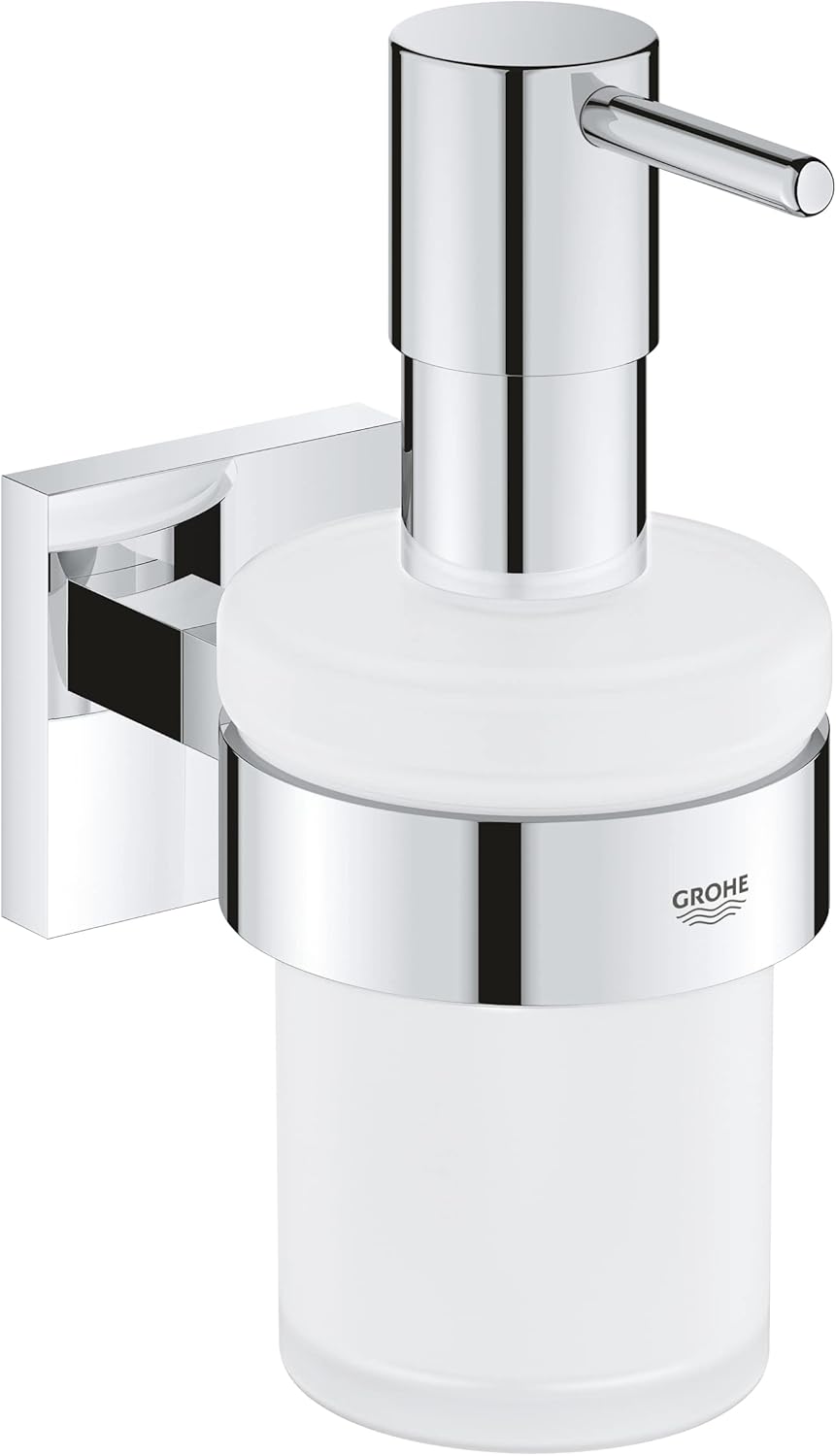 GROHE Start Cube Soap Dispenser with Holder (Material: Frosted Glass & Metal, Filling Quantity 160ml, Including Screws and Dowels), Size 158mm, Extra Easy to Fit with GROHE QuickGlue, Chrome, 41098000