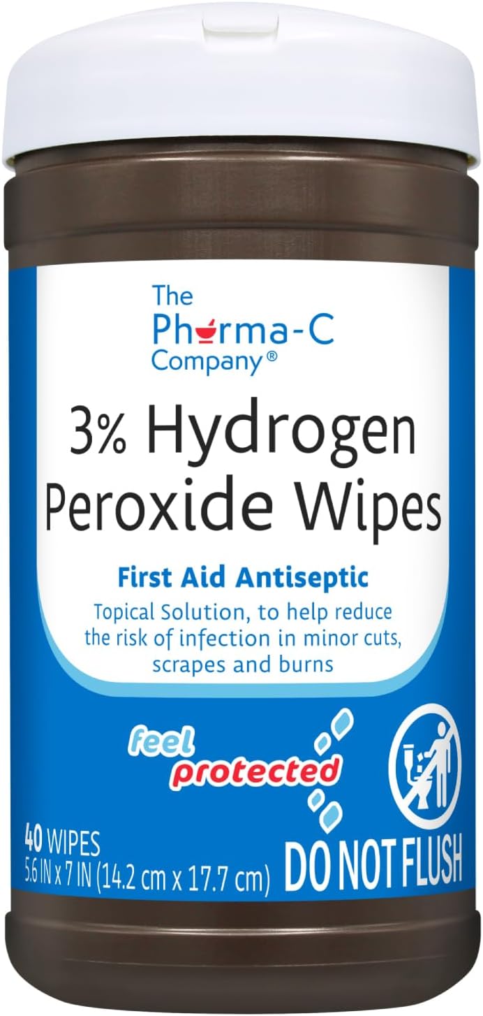 The Pharma-C Company - 3% Hydrogen Peroxide Wipes [40 wipes] | Skin-Safe First Aid Antiseptic Wipe. For Minor Cuts, Scrapes, and Burns. Moisture Lock Lid. No Sting, On-the-Go Wound Care.