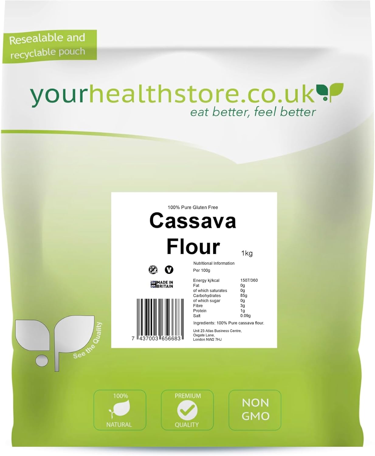 yourhealthstore Cassava Flour 1kg, Gluten Free, Premium Quality All Purpose Flour.