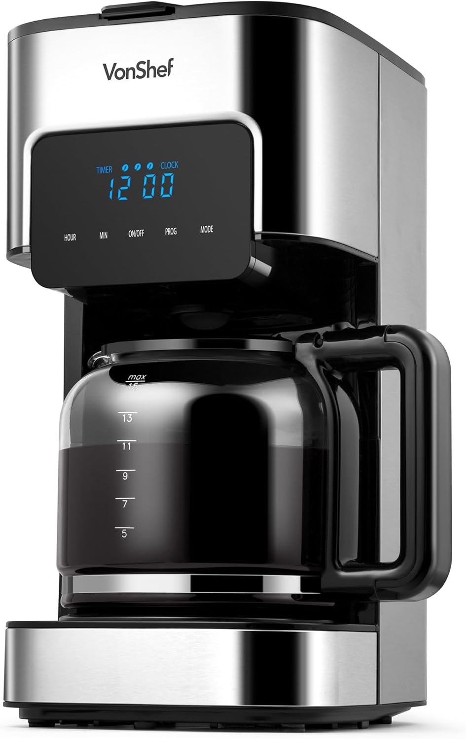 VonShef Filter Coffee Machine - 1.5L Drip Coffee Maker with Hot Plate & Programmable 24 Hour Timer, 900W, Digital Display, Keep Warm Function, Reusable Filter, 12 Cup Capacity - Silver.