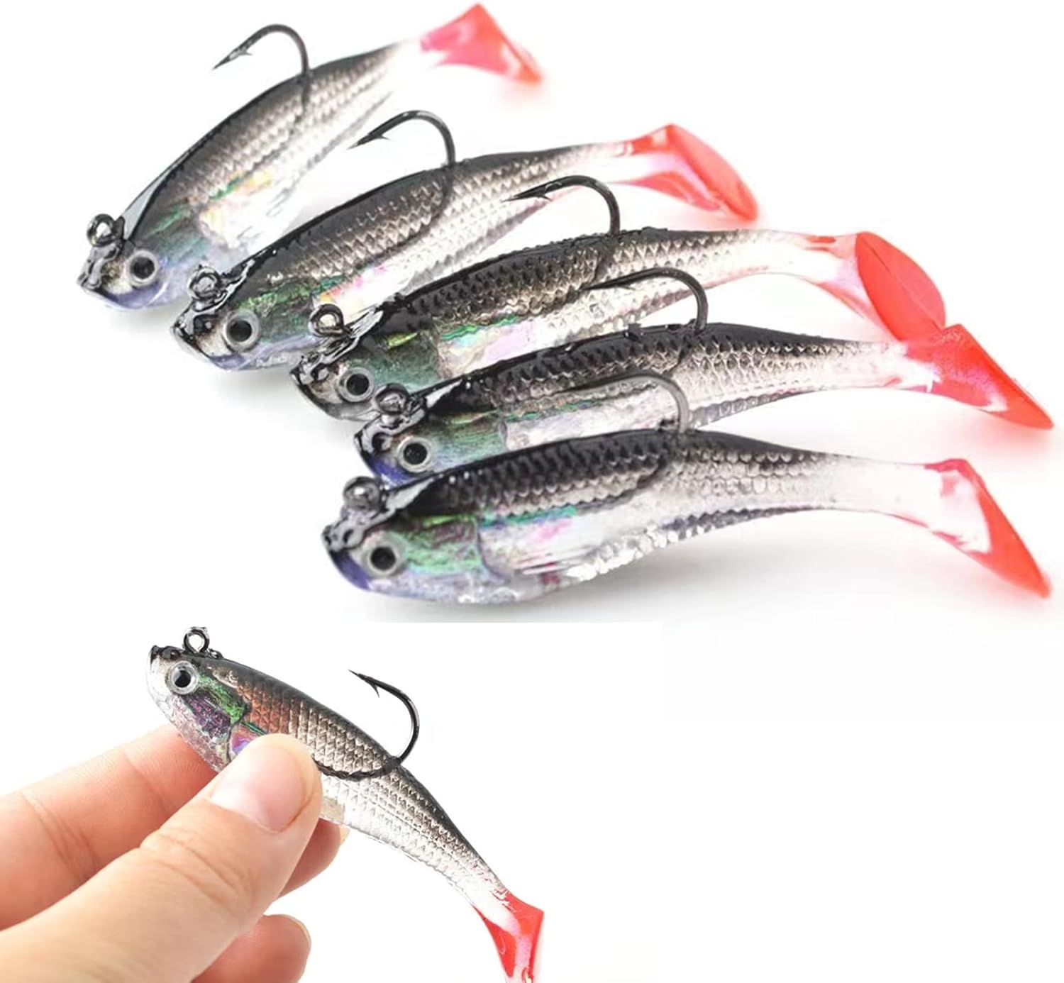 WUWYOUWL Fishing Lure Set, 5Pcs 8cm Soft Bait Head Sea Fish Lures Fishing Tackle Sharp Treble Hook T Tail Artificial Bait