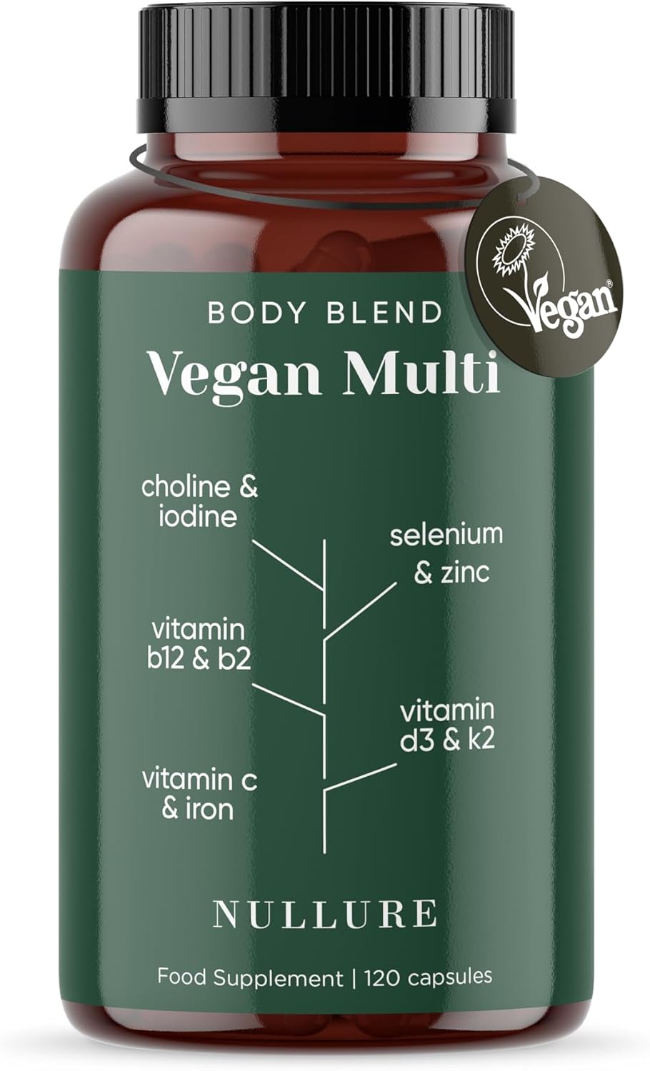Nullure Vegan Multivitamin Tablets for Women and Men All-in-One | 4 Months | Formulated for Vegan and Vegetarian Diets | Vitamin B12 + D3 + K2 + Iron + Iodine + Zinc | Third Party Tested