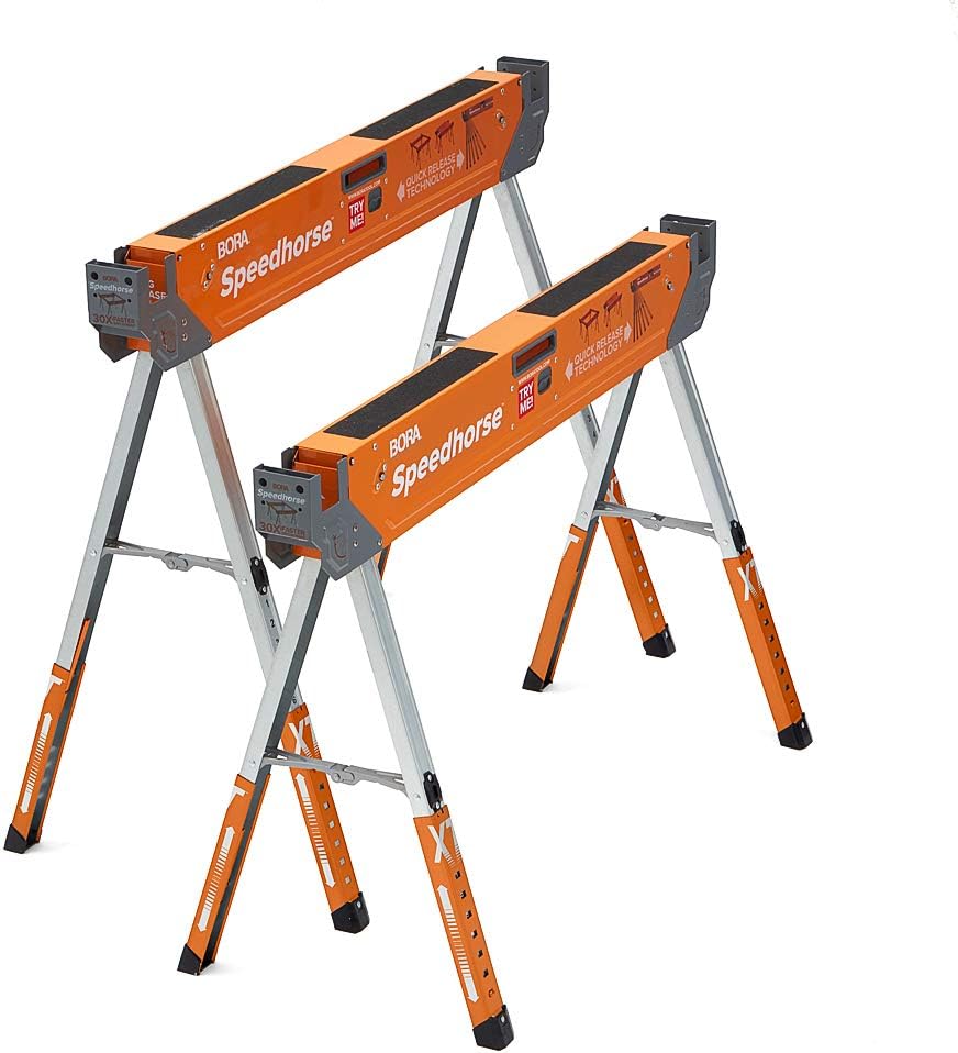 Bora Portamate Speedhorse XT Sawhorse Pair- Two pack, 30-36 inch height adjustable Legs, Metal Top for 2x4, Heavy Duty Pro Bench Saw Horse for Contractors, Carpenters - PM-4550T,Orange