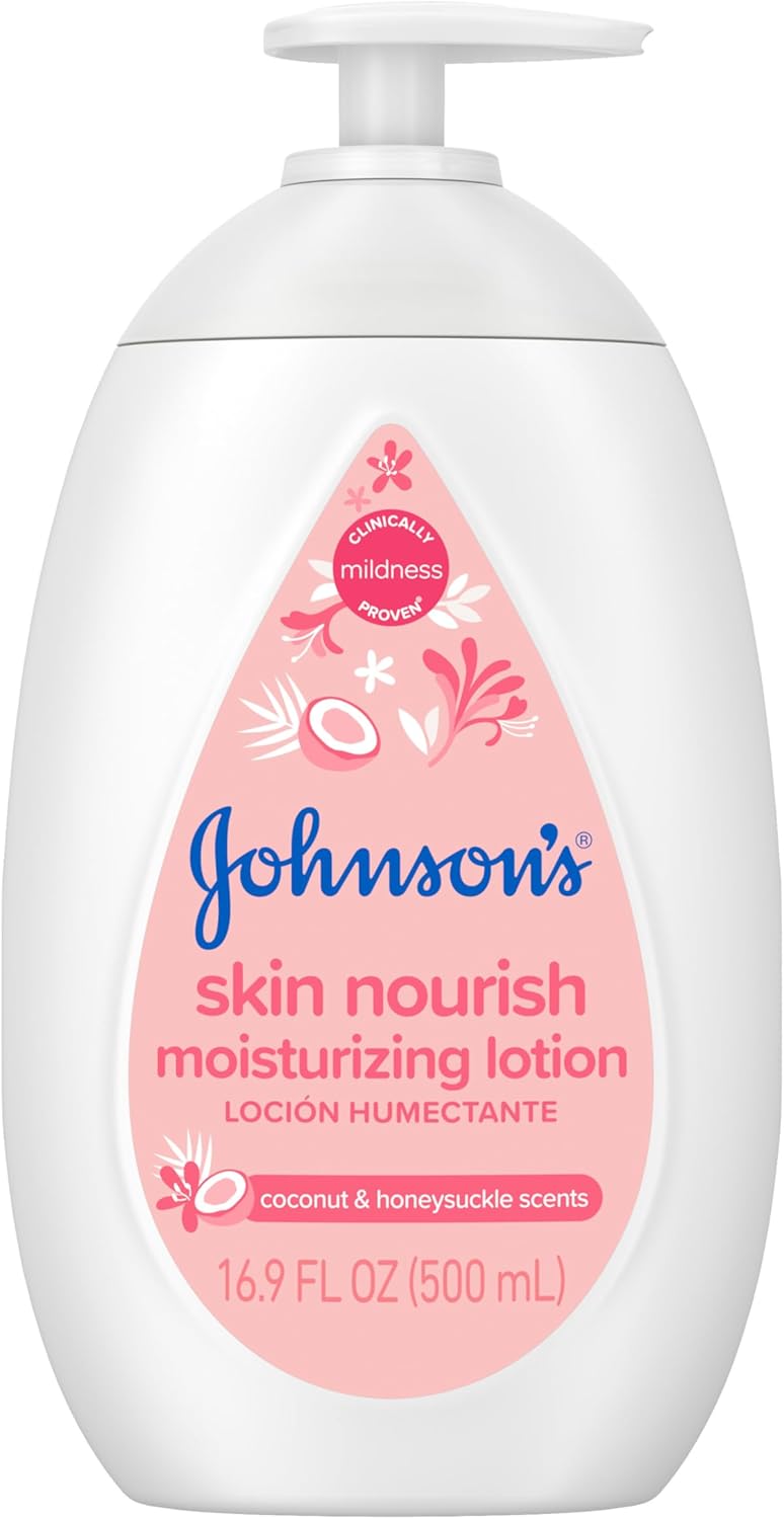 Johnson's Baby Skin Nourish Baby Lotion for Dry Skin + Coconut & Honeysuckle Scents, Moisturizing 24-Hr Lightweight Lotion for Babies, Kids & Adults, Hypoallergenic, Non-Greasy, 16.9 fl. oz