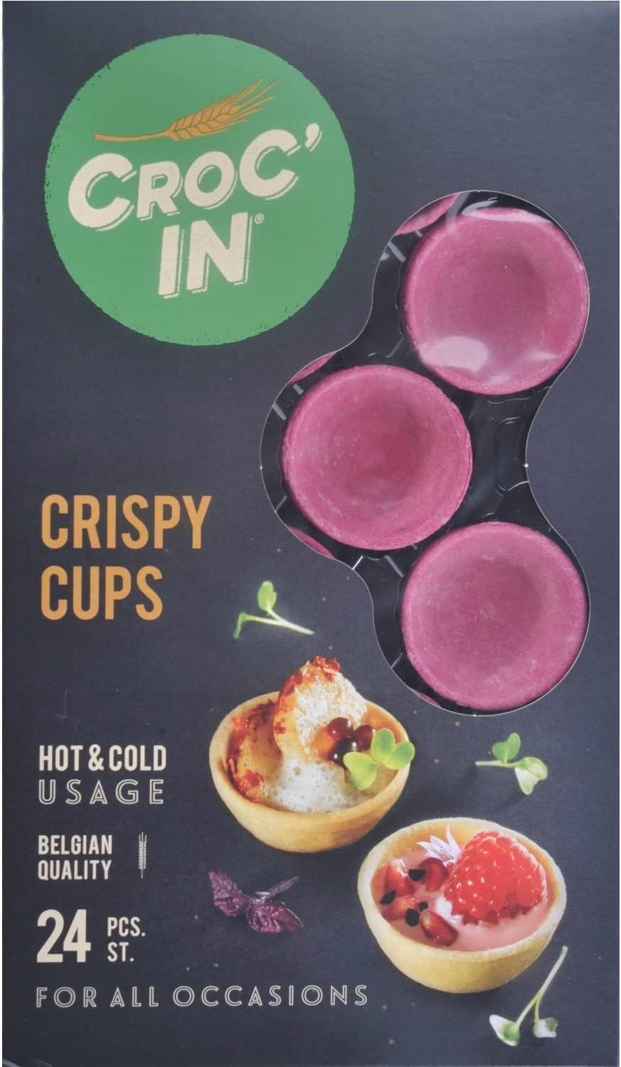 CROC'IN - Fuchsia Tartlet Shells - Edible Appetizer Or Dessert Cups - Mini Pastry Cases - Artisanal & Vegan Confection - 24 Pieces